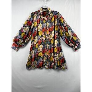 Aakaa Dress Womens Small Babydoll Chiffon Floral Ruffle Button Up Cottage Core